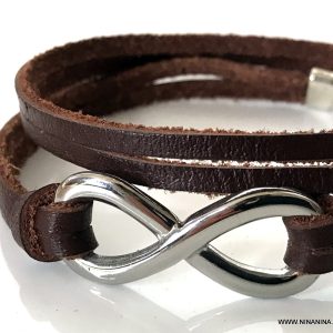 Bracelet 8 infini Acier inoxydable argent homme cuir 2 tours