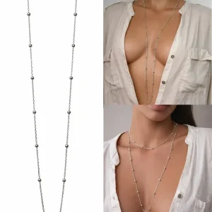 Collier Fantaisie très long femme – sautoir perles Acier Inoxydable argenté artisanal