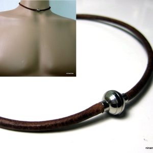 Ras de cou cuir homme fermoir boule aimanté acier