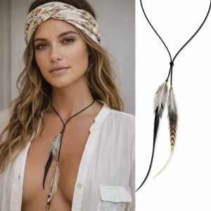 Collier plumes naturelles artisanales et Argent 925 – cordon cuir noeuds coulissants