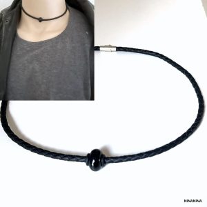 Collier Perle Noire Homme Cordon Cuir Tressé Onyx Noir