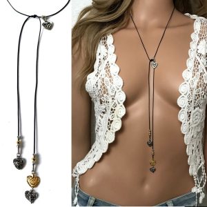 Collier cordon noir ajustable femme coeur doré argenté