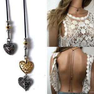 Collier de dos bohème cordon noir coeur doré argenté