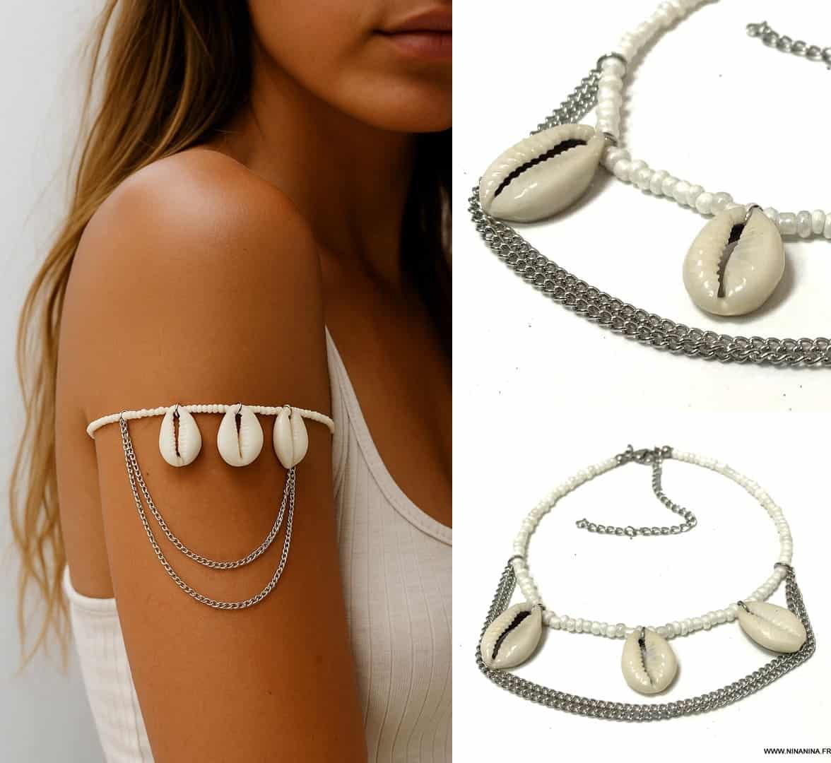 Bracelet au bras femme avec coquillages cauris et rocaille blanche fait main en france – Image 6