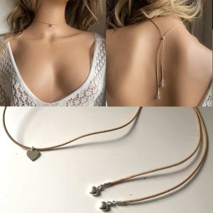 Collier de dos original cordon cuir breloque coeur Argent style boheme