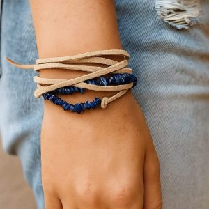 Bracelet pierre gravier en lapis lazuli véritable lacet daim multi tours artisanal