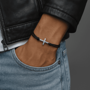 Bracelet Cordon Croix Homme Acier Inoxydable Et Cuir Noeud Coulissant artisanal