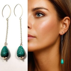 Boucles d’oreilles longues femme goutte howlite turquoise sur chaînette en argent 925 – Bijou artisanal fait main