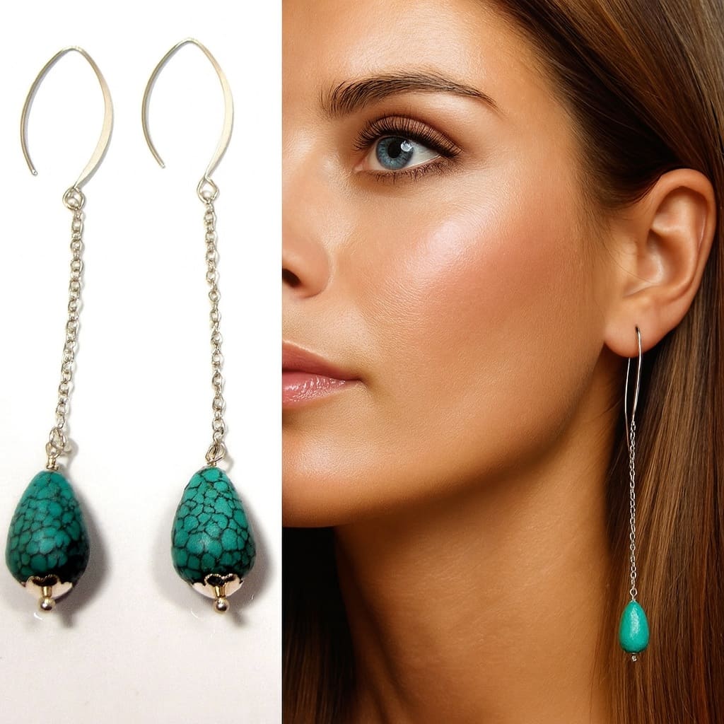 Boucles d’oreilles longues femme goutte howlite turquoise sur chaînette en argent 925 – Bijou artisanal fait main