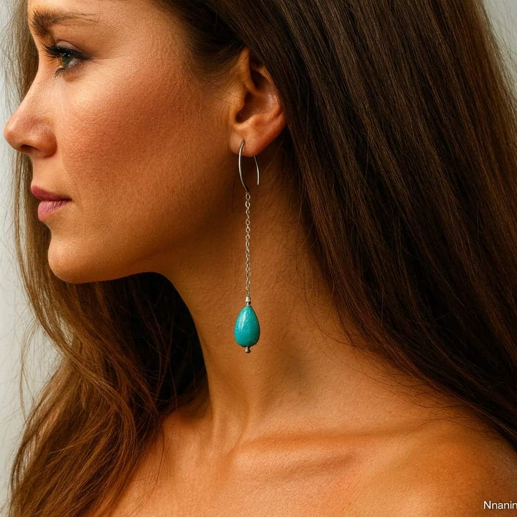 Boucles d’oreilles longues femme goutte howlite turquoise sur chaînette en argent 925 – Bijou artisanal fait main – Image 7