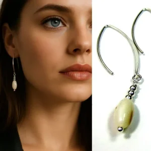Boucles D oreilles Argent 925 massif Artisanales pour Femme – Pendentif forme Goutte en Nacre Blanche