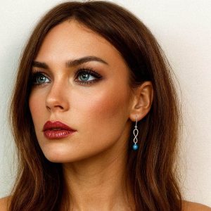 Boucles d’oreilles créoles signe infini argent 925 et perle turquoise – Bijou artisanal fait main