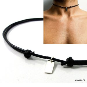 Collier cordon cuir artisanal réglable avec noeud coulissant et pendentif rectangle Argent 925 massif