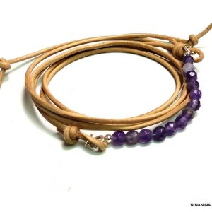 Bracelet Amethyste violet perles à facettes et argent 925 cordon de cuir Multi Tours – Bijou Artisanal Fait Main