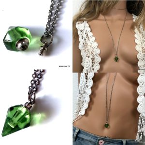 Collier long sautoir flacon de parfum rechargeable vert