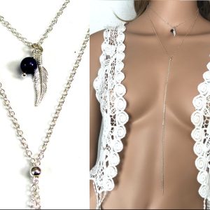Collier double chaîne plume argent et lapis lazuli femme