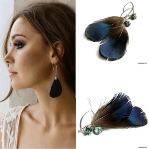 Boucle d’oreille plume pendante Argent 925 massif turquoise africaine