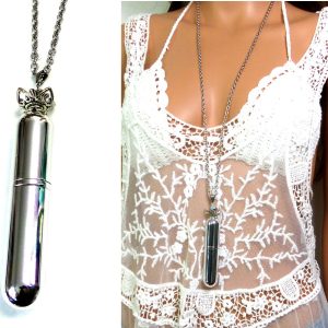 Sautoir femme –  atomiseur parfum argenté et turquoise