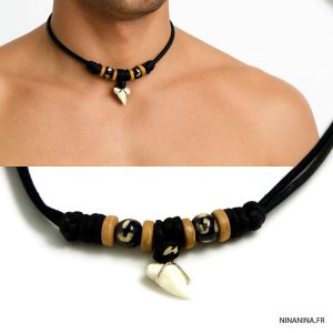 Collier tribal homme cordon pendentif dent de requin véritable et perles bois