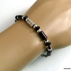 Bracelet homme perles bois marron et argentées cordon cuir