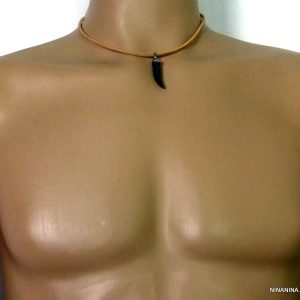 Collier cordon cuir dent de tigre hematite