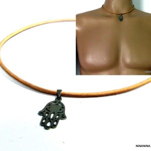 Collier cordon cuir main de fatma acier inoxydable