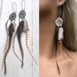 Boucles d’oreilles plumes longues pendentif acier inoxydable
