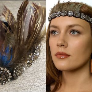 Headband serre-tête large plumes naturelles et strass pour femme