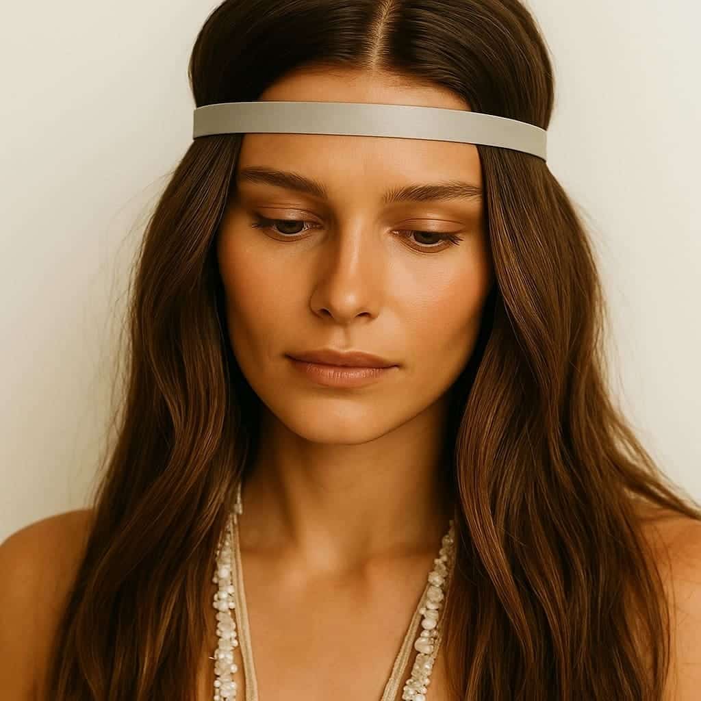 Bandeau de tete cuir femme plumes blanches et noires fait main en france – Image 5