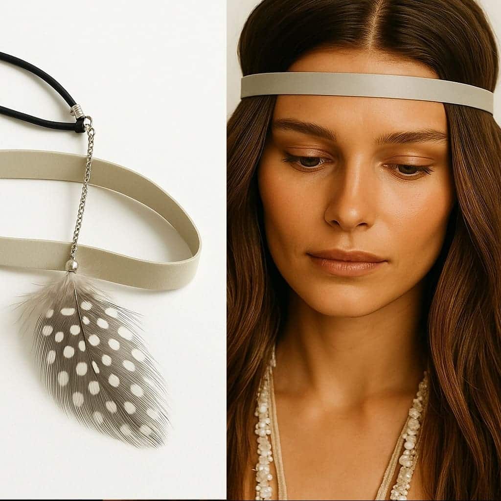 Bandeau de tete cuir femme plumes blanches et noires fait main en france – Image 3