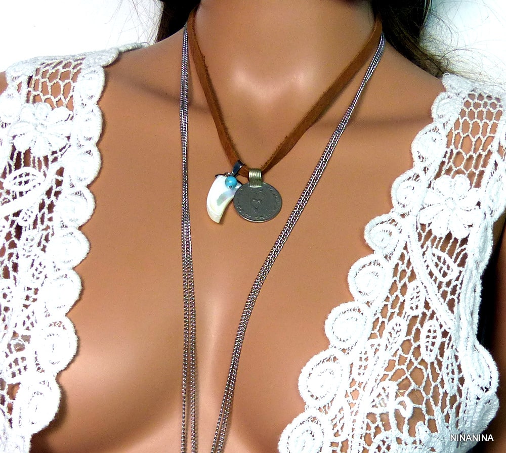 Collier cuir dent de requin pièce tribale – Image 5