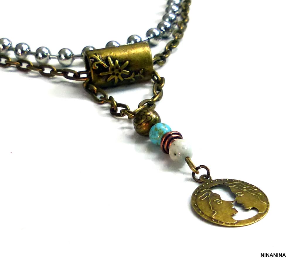 Collier tribal bronze turquoise et aiguemarine – Image 4