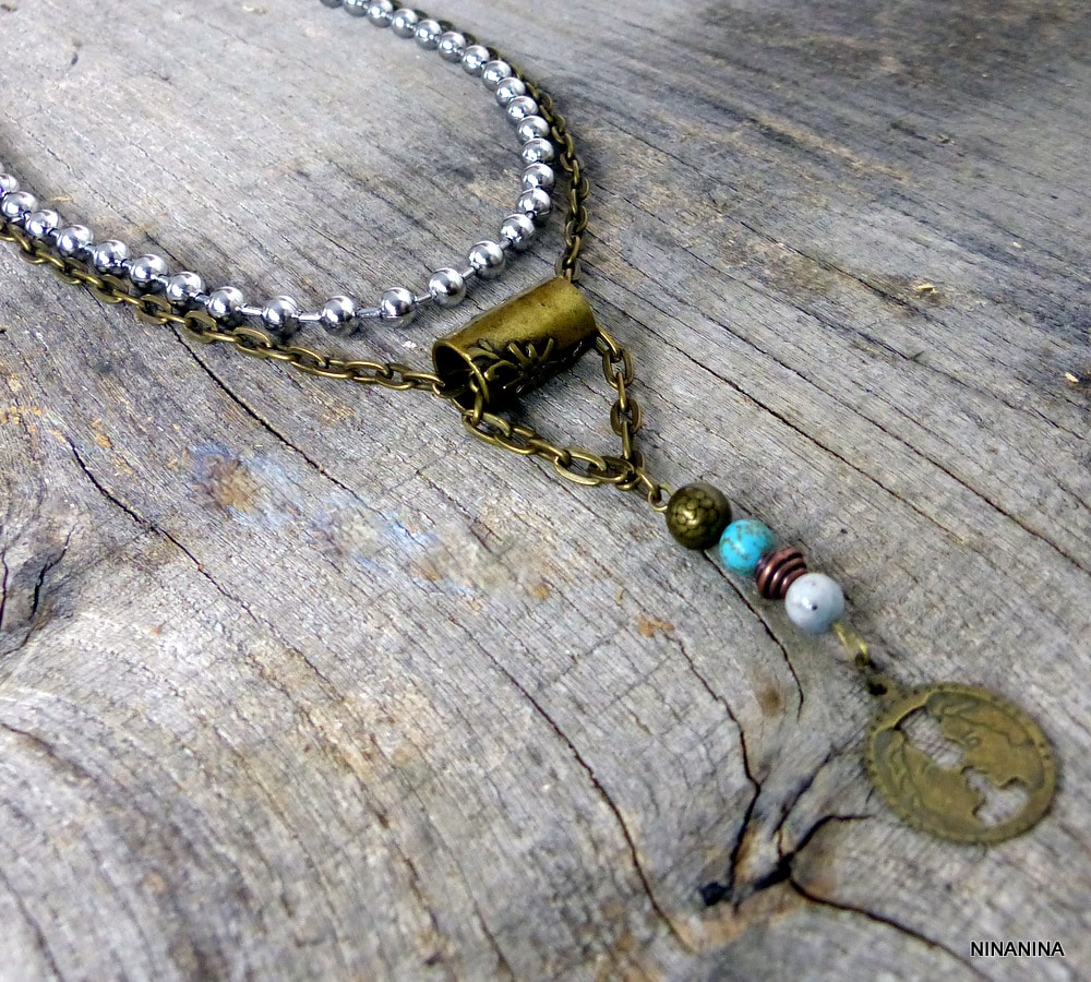 Collier tribal bronze turquoise et aiguemarine – Image 6