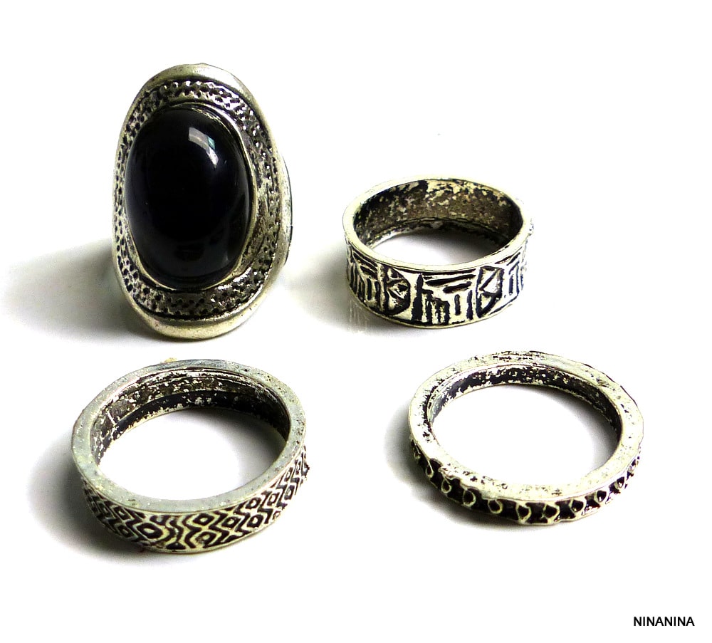 Lot de 4 bagues bohème en métal argenté noire – Image 6