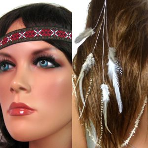 Headband tissu jacquart rouge et plumes