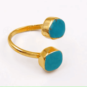 Bague 2 Cabochons Turquoise Plaqué Or ajustable pour femme
