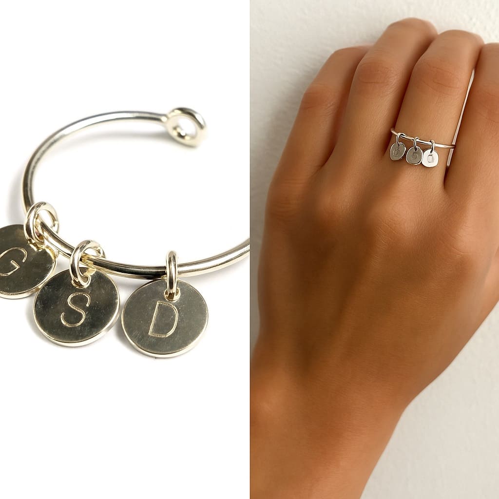 Bague jonc fine pour femme en argent 925 massif avec breloque ronde lettre personnalisée – Image 8