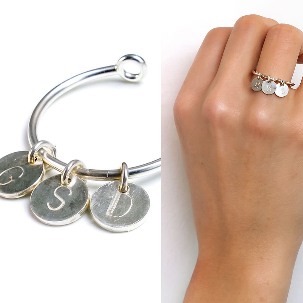 Bague jonc fine pour femme en argent 925 massif avec breloque ronde lettre personnalisée – Image 5