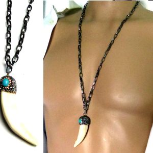 Collier dent de loup véritable et chaine noire homme