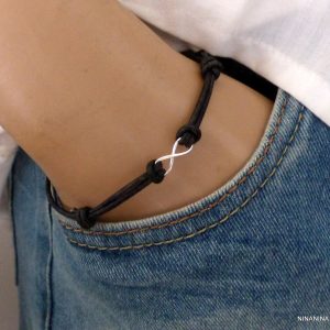 Bracelet argent avec signe infini cordon cuir coulissant