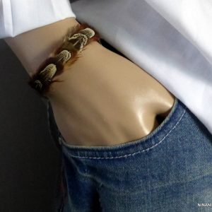 Bracelet plumes naturelles marron et cuir pour homme