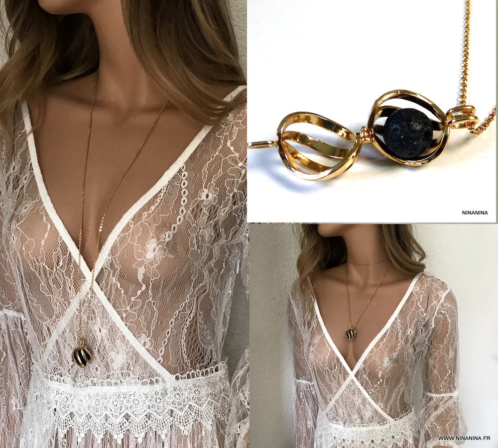 Collier diffuseur parfum boule métal doré