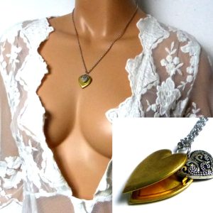 Collier Femme coeur médaillon porte photo métal doré