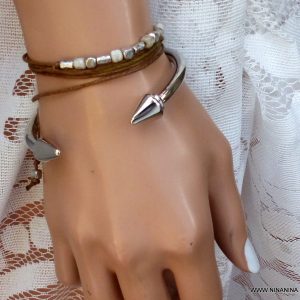 Bracelet jonc ethnique flèches métal argenté