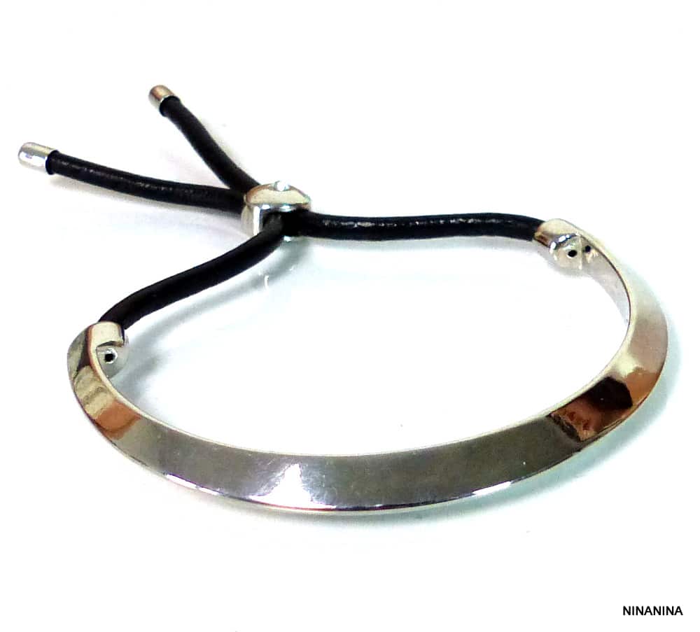 Bracelet demi jonc plaqué Argent cordon cuir – Image 4