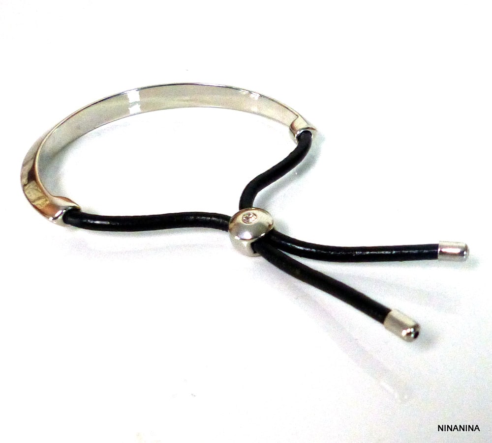 Bracelet demi jonc plaqué Argent cordon cuir – Image 5