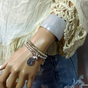 Bracelet demi jonc plaqué Argent cordon cuir