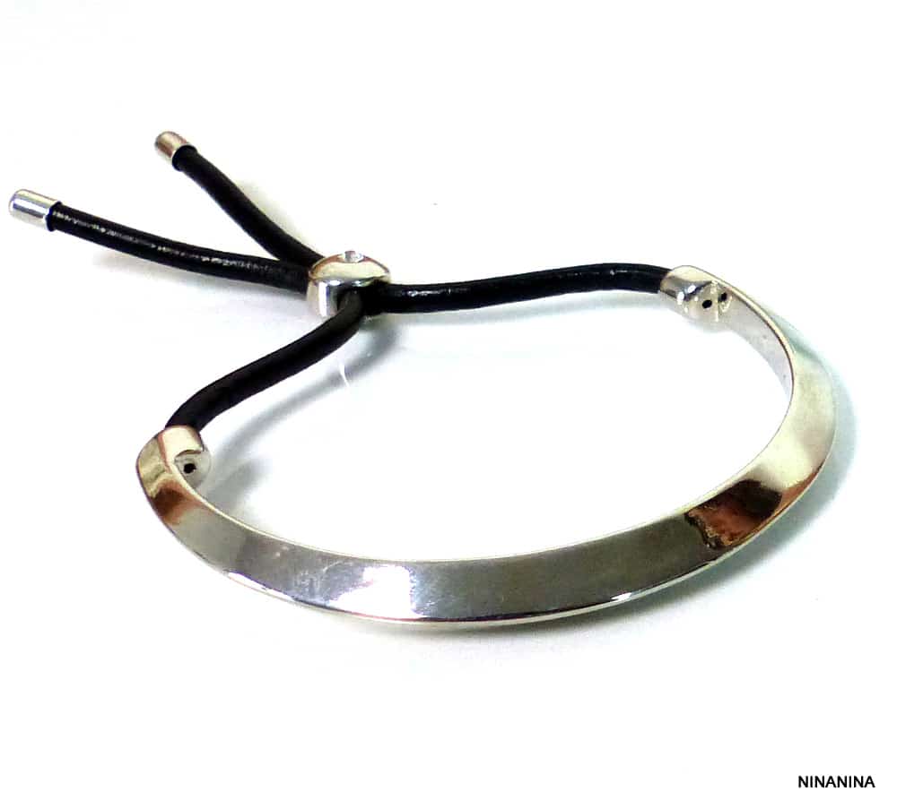 Bracelet demi jonc plaqué Argent cordon cuir – Image 7