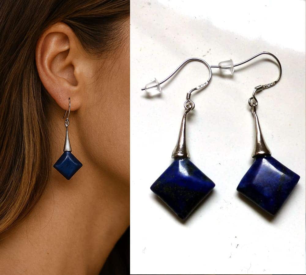 Boucles d’oreilles pendentif géometrique en lapis lazuli naturelle et argent 925 artisanales – Image 4