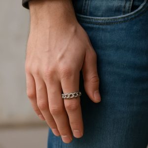 Bague homme chaine souple maille gourmette plaqué argent artisanale